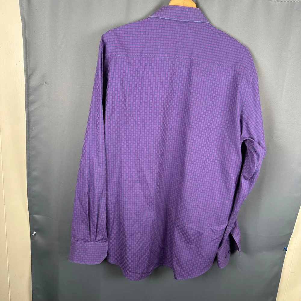 Bugatchi Uomo Mens Purple Basketweave Cotton Button Down Shirt Shaped Fit XL